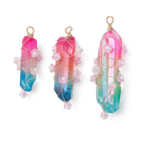 Большие подвески с гальваническим покрытием из натурального кварцевого кристалла, обвитые медной проволокой, Подвески-самородки с акриловым и АБС-пластиковым искусственным жемчужным цветком, золотой свет