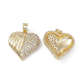 Brass Clear Cubic Zirconia Pendants, Heart with Wing Charms