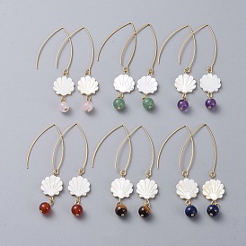 Shell Dangle Earrings, with Natural Gemstone Beads, Freshwater Shell Beads and 304 Stainless Steel Earring Hooks