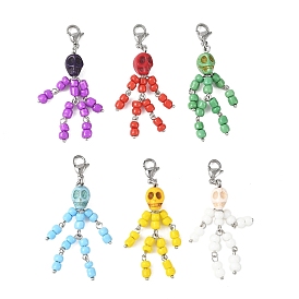 Skeleton Synthetic Turquoise & Glass Seed Beads Pendant Decorations, with 304 Stainless Steel Lobster Claw Clasps