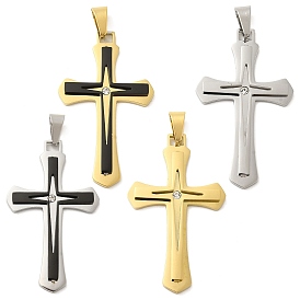 304 Stainless Steel Pendants, with 201 Stainless Steel Pendant Bails and Rhinestone,  Cross