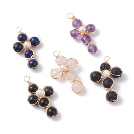 Natural Mixed Gemstone Pendants, with Golden Tone Copper Wire Wrapped & Pearl, Religion Cross Charm