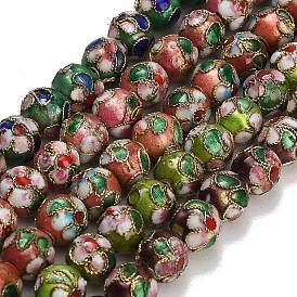 Handmade Cloisonne Brass Beads Strands, Round with Flower Pattern, Golden