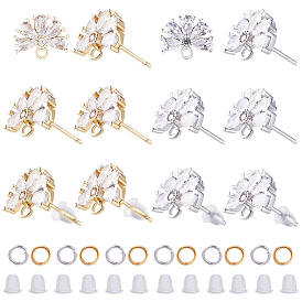 12 шт. 2 цветная латунь паве прозрачный кубический цирконий цветок серьги-гвоздики фурнитура, с горизонтальными петлями и соединительными кольцами 40шт. и пластиковыми ушными гайками 50шт.