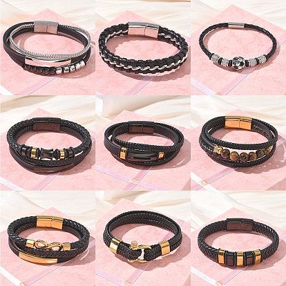 Braided Microfiber Leather Cord Bracelets, 304 Stainless Steel Bracelets for Men, with Magnetic Clasps