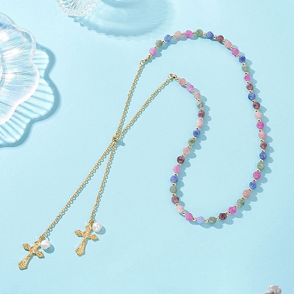 Натуральные разноцветные турмалиновые игральные кости, бусы-лариаты, Ожерелье-слайдер с крестом из сплава и подвеской из натурального жемчуга