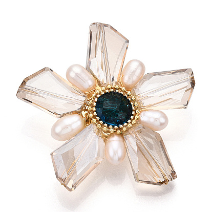 Natural Pearl & Glass Flower Brooches for Women, with Brass Pave Cubic Zirconia Branch