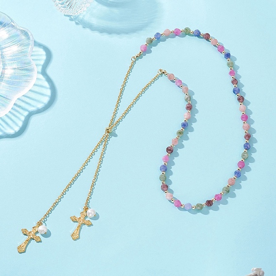 Натуральные разноцветные турмалиновые игральные кости, бусы-лариаты, Ожерелье-слайдер с крестом из сплава и подвеской из натурального жемчуга