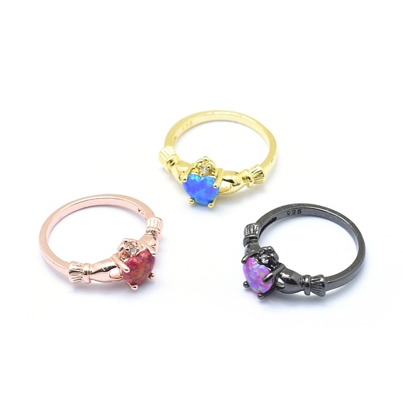 Synthetic Opal Finger Rings, with Cubic Zirconia and Brass Findings, Long-Lasting Plated, Irish Heart, Size 7