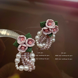 Rose black tea earrings niche design high-end pearl flower earrings female retro atmosphere ear jewelry