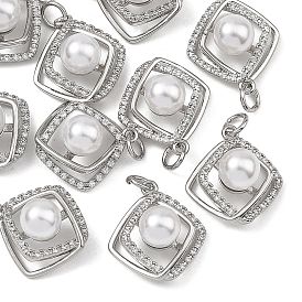 Colgantes de latón con circonitas cúbicas transparentes de Shegrace, con perlas de imitación abs, encantos de rombos, sin cadmio y níque y plomo, larga duración plateado