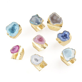Adjustable Natural Druzy Agate Cuff Rings, Open Rings, Wide Band Rings, with Golden Tone Brass Finding, Nuggets