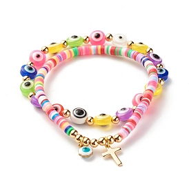 Handmade Polymer Clay Heishi Beads Stretch Bracelets Set, Evil Eye Resin Beads Lucky Bracelets, Cross Brass Charms Bracelets for Women