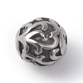 316 Surgical Stainless Steel Beads, Round with Flower Pattern