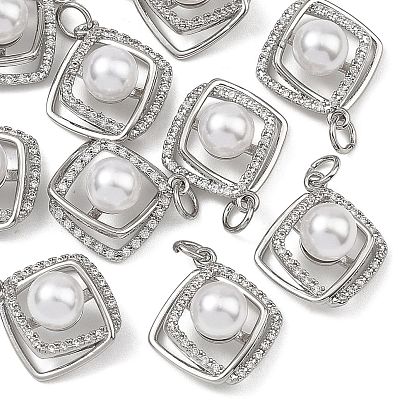 Colgantes de latón con circonitas cúbicas transparentes de Shegrace, con perlas de imitación abs, encantos de rombos, sin cadmio y níque y plomo, larga duración plateado