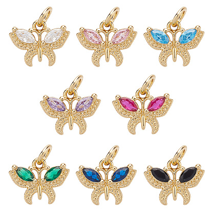 8Pcs 8 Colors Brass Micro Pave Cubic Zirconia Charms, Real 18K Gold Plated, Butterfly