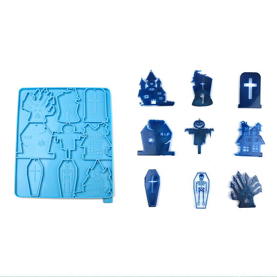Хэллоуин тема дом с привидениями/гроб/надгробие DIY кулон силиконовые формы, формы для литья смолы, для уф-смолы, изготовление ювелирных изделий из эпоксидной смолы