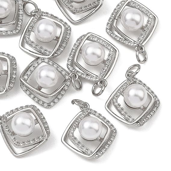 SHEGRACE Brass Pave Clear Cubic Zirconia Pendants, with ABS Imitation Pearl, Rhombus Charms, Cadmium Free & Nickel Free & Lead Free, Long-Lasting Plated