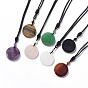 Natural Gemstone Flat Round with Flower of Life Pendant Necklace with Nylon Cord for Women