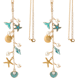 2Шт подвесные украшения из сплава эмали, с пластиковыми цепочками из АБС-пластика с имитацией жемчуга, алюминиевыми панцирными цепями и застежками-карабинами из сплава, морская звезда в форме ракушки