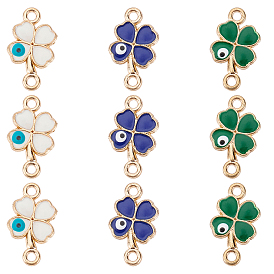 Golden Plated Alloy Links, with Enamel, Clover with Evil Eye