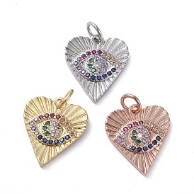Brass Micro Pave Cubic Zirconia Pendants, Long-Lasting Plated, Real 18K Gold Plated, Heart with Eye, Colorful