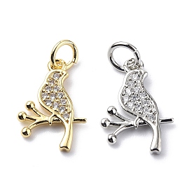 Brass Micro Pave Cubic Zirconia Charms, with Jump Ring, Bird with Branch Charms