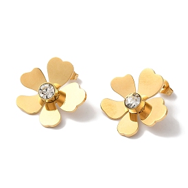 Flower Ion Plating(IP) 304 Stainless Steel Stud Earrings for Women, with Rhinestone