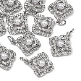 Colgantes de latón con circonitas cúbicas transparentes de Shegrace, con perlas de imitación abs, encantos trébol, sin cadmio y níque y plomo, larga duración plateado