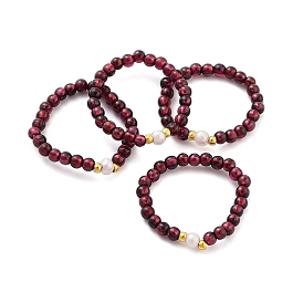 Mozambique Import Natural Garnet Round Beads Stretch Rings, with Brass and Natural Pearl Beads for Women