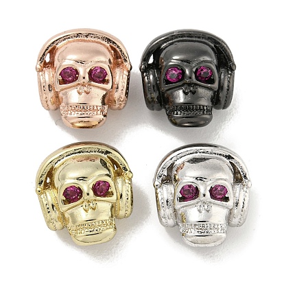 Brass Micro Pave Camellia Cubic Zirconia Beads, Cadmium Free & Nickel Free & Lead Free, Skull