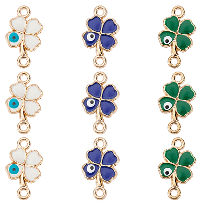 Golden Plated Alloy Links, with Enamel, Clover with Evil Eye