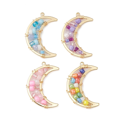 Real 18K Gold Plated Brass Pendants, with Glass Seed Beaded, Moon Charms