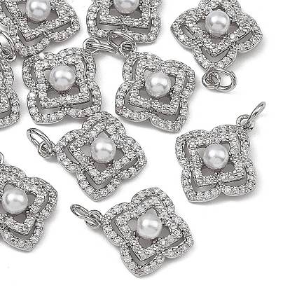 Colgantes de latón con circonitas cúbicas transparentes de Shegrace, con perlas de imitación abs, encantos trébol, sin cadmio y níque y plomo, larga duración plateado