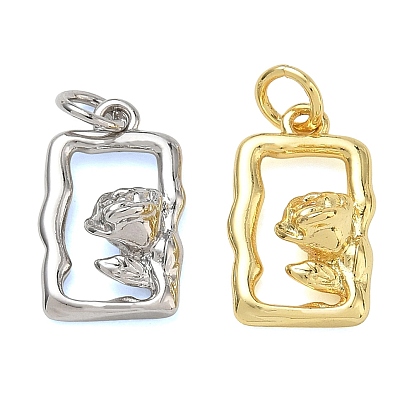 Brass Pendants, Rectangle with Flower Charms, Rack Plating, Long-Lasting Plated, Cadmium Free & Lead Free