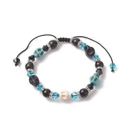 Synthetic Turquoise(Dyed) Skull Braided Beaded Bracelets, Natural Eyeless Obsidian Round & Glass Bicone Beaded Adjustable Bracelet for Women