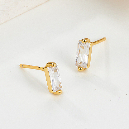 Cubic Zirconia Rectangle Stud Earrings, 925 Sterling Silver Post Earrings, with 925 Stamp