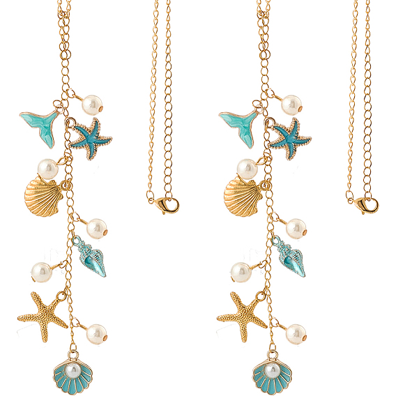 2Шт подвесные украшения из сплава эмали, с пластиковыми цепочками из АБС-пластика с имитацией жемчуга, алюминиевыми панцирными цепями и застежками-карабинами из сплава, морская звезда в форме ракушки