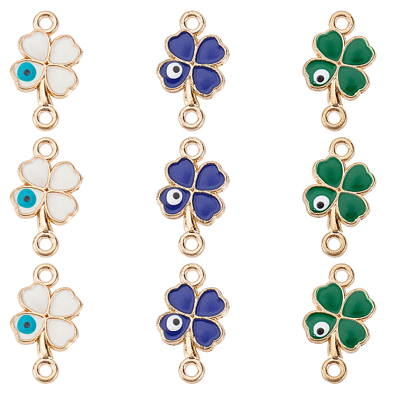 Golden Plated Alloy Links, with Enamel, Clover with Evil Eye