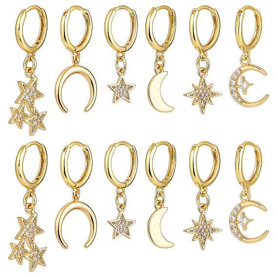 6 пары латунных серег-колец с микропаве из прозрачного кубического циркония, звезда и луна