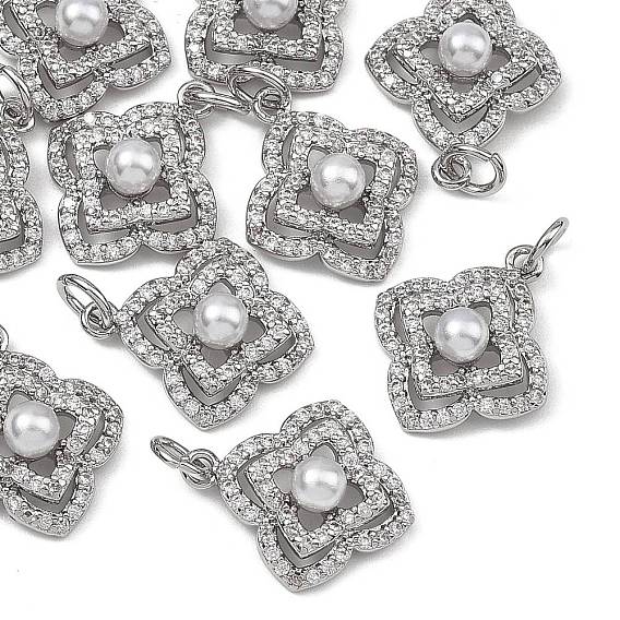 SHEGRACE Brass Pave Clear Cubic Zirconia Pendants, with ABS Imitation Pearl, Clover Charms, Cadmium Free & Nickel Free & Lead Free, Long-Lasting Plated