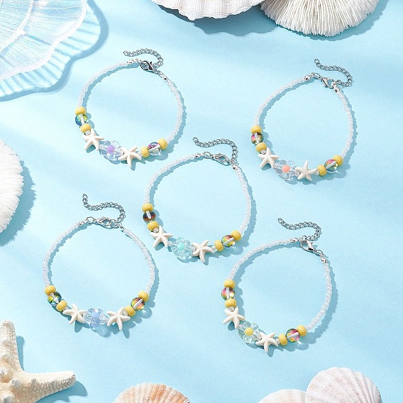 Браслеты из стеклянных бусин для женщин, с акриловыми бусинами и синтетическими бирюзовыми бусинами, морская звезда и цветок