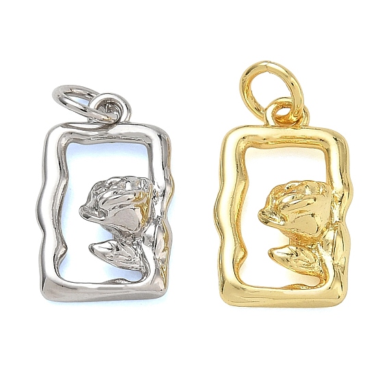 Brass Pendants, Rectangle with Flower Charms, Rack Plating, Long-Lasting Plated, Cadmium Free & Lead Free