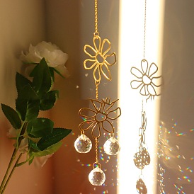 Metal Flower Hanging Ornaments, Teardrop Glass Tassel Wind Chime Home Garden Decoration