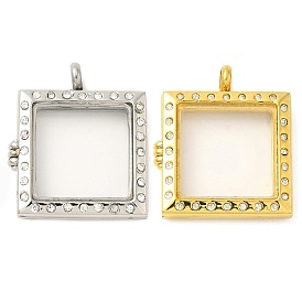 Glass Interface, 304 Stainless Steel Locket Pendants, with 201 Stainless Steel Pendant Bails and Rhinestone, Square