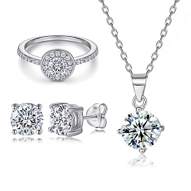 Stylish Round CZ Silver Jewelry Set - Ring, Earrings & Necklace (S925)