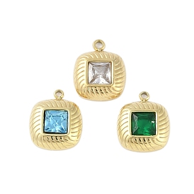 Glass Pendants, with Ion Plating(IP) 304 Stainless Steel Findings, Manual Polishing, Real 18K Gold Plated, Square Charms