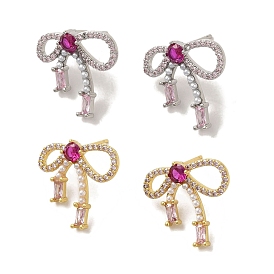 Rack Plating Brass Micro Pave Cubic Zirconia Studs Earrings, Long-Lasting Plated, Lead Free & Cadmium Free, Bowknot