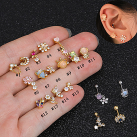 Chic Zircon Flower Screw Stud Earrings with Star Moon Cartilage Piercing Butterfly Ear Cuff