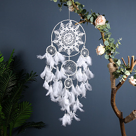 Iron Woven Web/Net with Feather Pendant Decorations, Bohemian Style Flat Round Macrame Wall Hanging